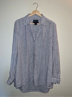 Tahari 100% Linen Blue White Stripe Button Down Tunic Shirt Medium Long Sleeve